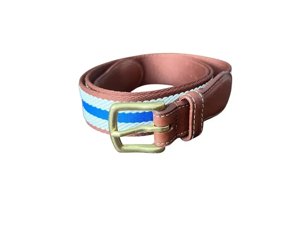 Collared Greens Sz 38 Dockside Navy Ivory Brown Leather Canvas Belt Brass Buckle